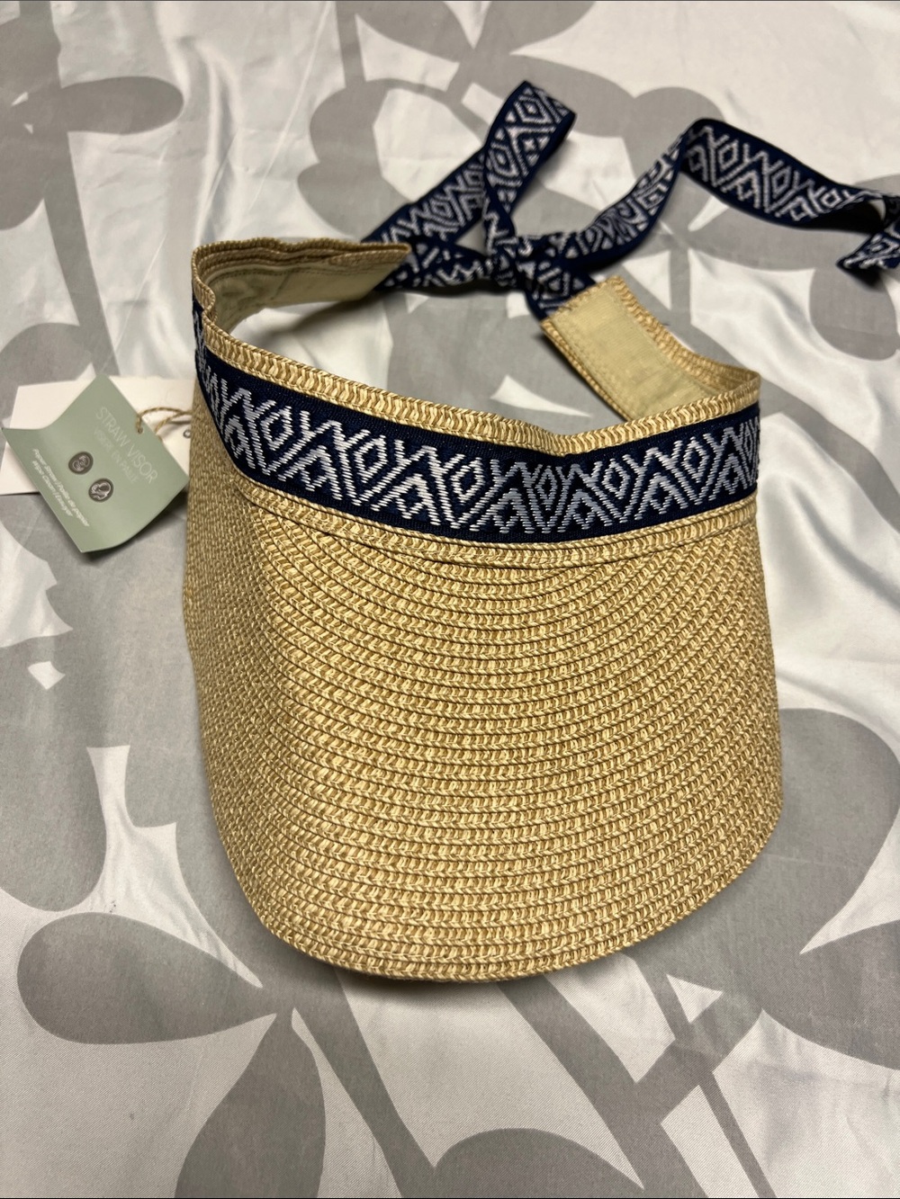 Woven Straw Visor with Navy Geometric Trim